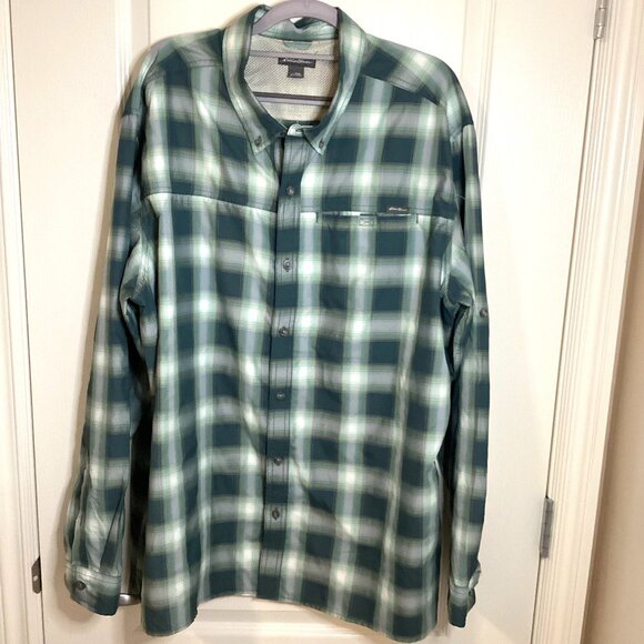 Eddie Bauer Men's Green Plaid Size 2XL Long Roll-Up Sleeves Shirt Pocket - Picture 1 of 10